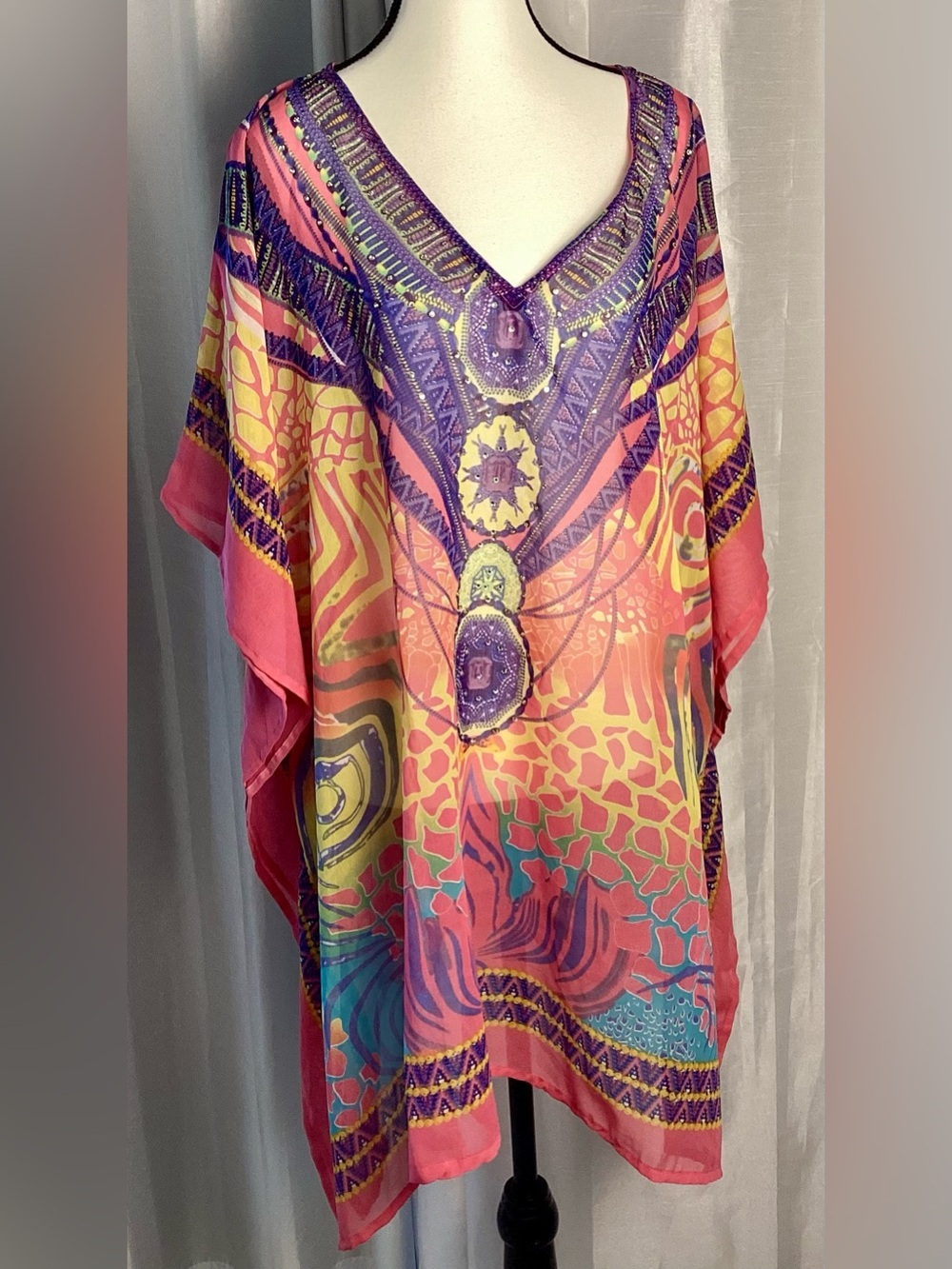 Pink Purple Boho Sheer V Neck Artsy Kaftan Coverup Butterfly Sleeves One Size